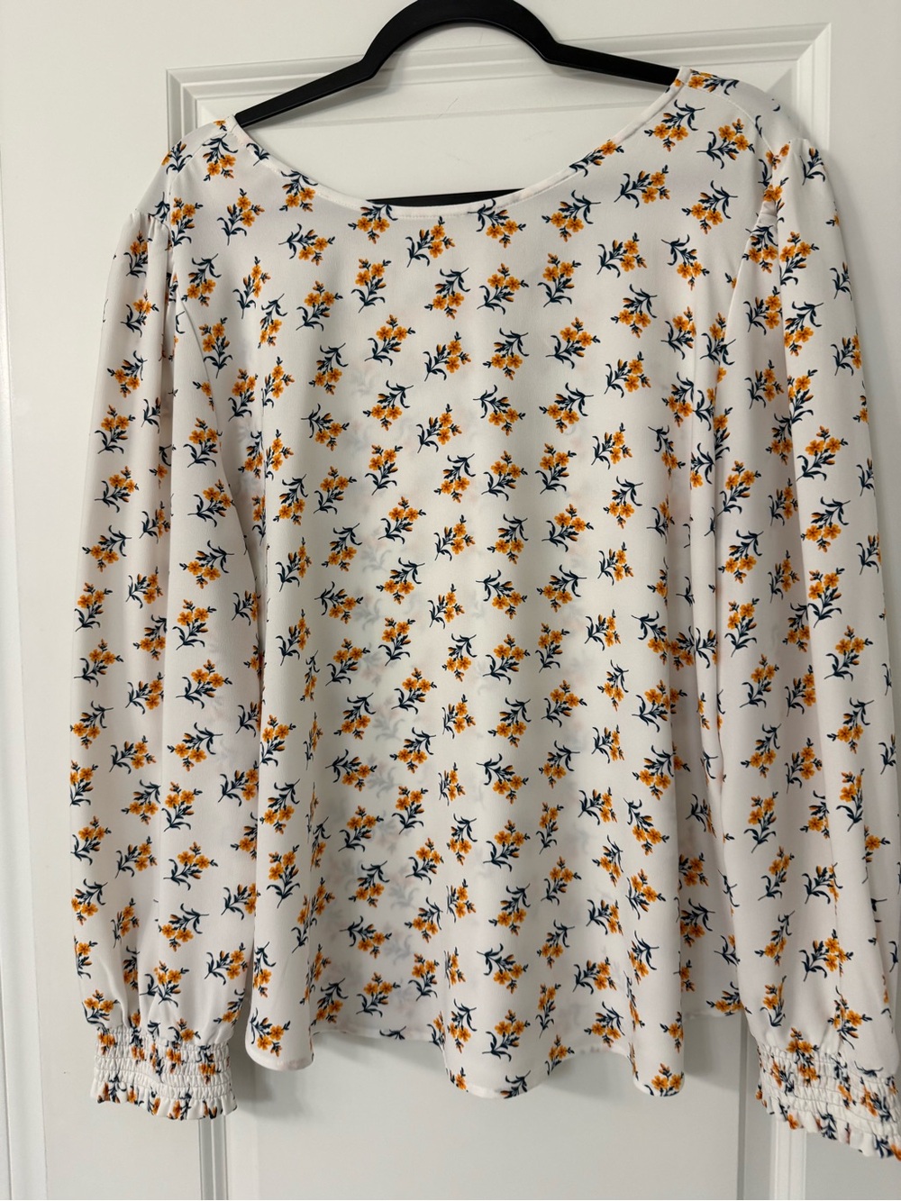 LOFT White Floral Long-Sleeve Blouse with Yellow and Navy Print